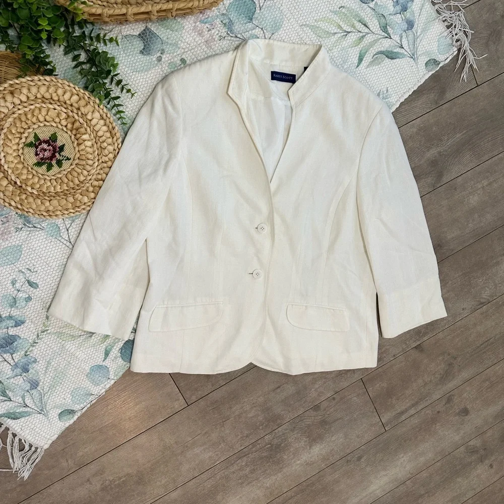 Karen Scott Women’s Cream Blazer Linen Rayon Shoulder Pads Minimalist Size 12
